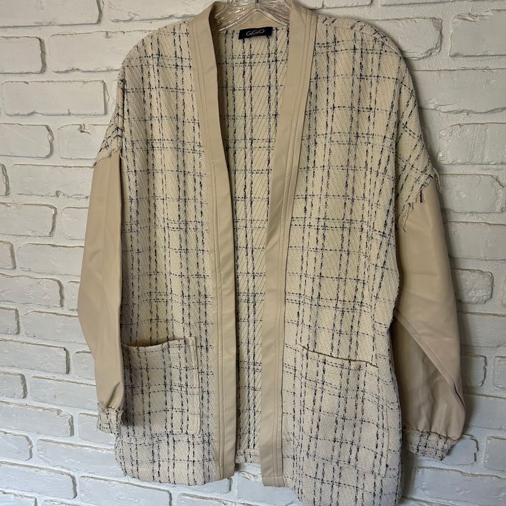 GiGio Oversized‎ Cardigan Tweed Faux Leather Size Small - Picture 3 of 6
